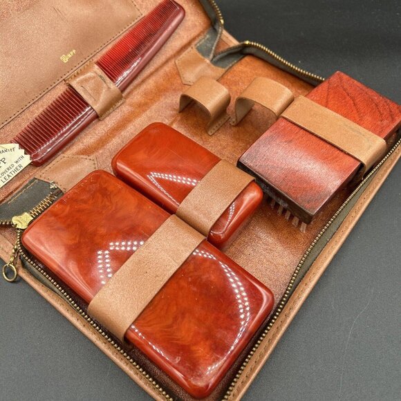 Vintage Rumpp Travel Toiletry Case Men's Grooming Chic Leather Travel Kit Zipper - Picture 1 of 9